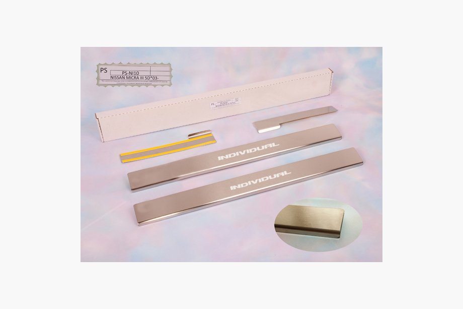 Nissan Micra K12 2003-2010 гг. Накладки на пороги Natanika Standard (4 шт, нержавейка) Image