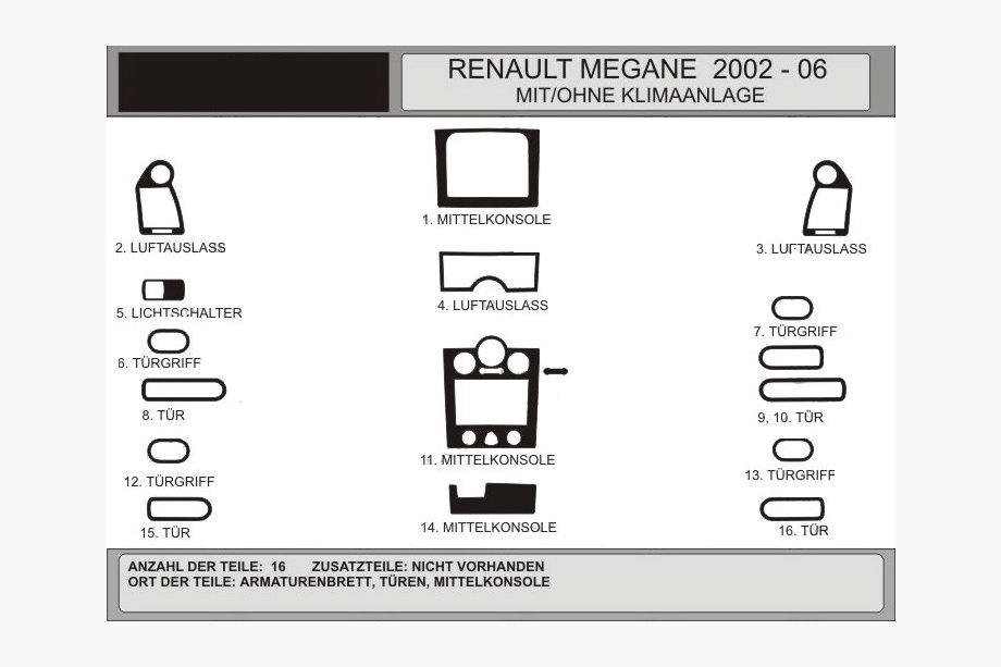 Renault Megane II 2004-2009 гг. Накладки на панель приборов 16 предметов (Hartman, Польша) Image