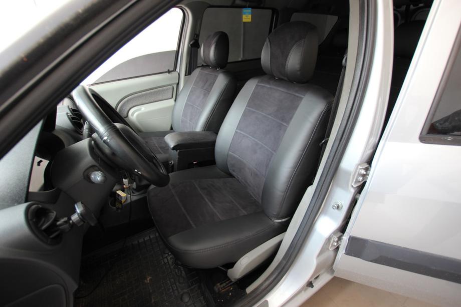 Renault Logan I 2005-2008 гг. Авточехлы экокожа+ткань+алькантара Antara A001 (полный салон) Image