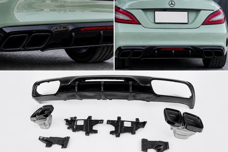 Mercedes CLS C218 2011-2018 гг. Задний диффузор с насадками выхлопа Black (2015-2018, Дизайн GT63)