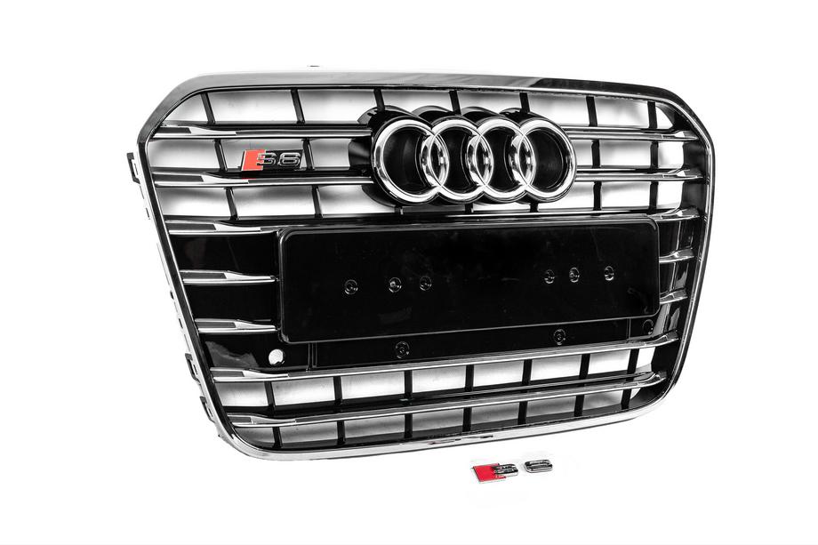Audi A6 C7 2011-2017 гг. Передняя черная решетка с хромированной рамкой S-style (2011-2014) Фото 3