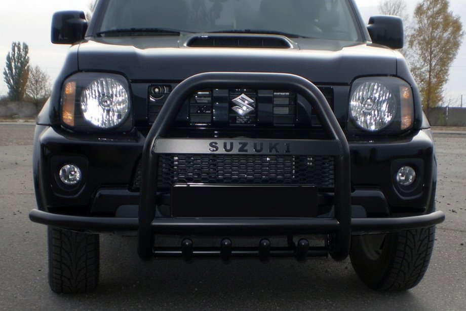 Suzuki Jimny 1998-2018 гг. Кенгурятник QT007-Exclusive Black (с надписью, нерж.) Фото 2