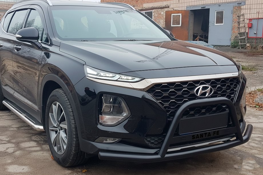 Hyundai Santa Fe 4 2018-2023 гг. Кенгурятник вусатий WT006 Black (нерж) Фото 3