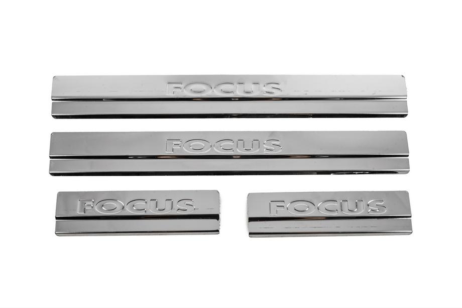 Ford Focus II 2005-2008 гг. Накладки на пороги V2 (Carmos, 4 шт., нерж. сталь) Image